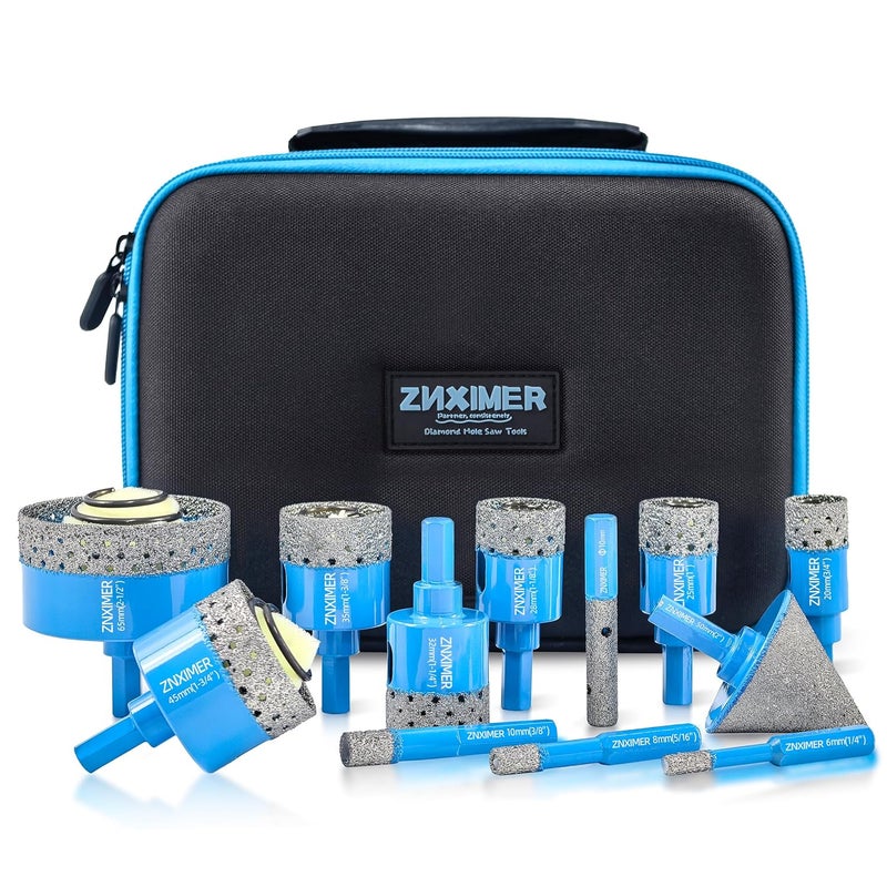 ZNXIMER Diamond Tile Hole Saw Kit - Porcelain Tile Drill Bits Set for Ceramic, Granite, Marble and More Drilling - 12pcs Diamond Core Drill Bits Set(6/8/10/20/25/28/32/35/45/65MM/2/10MM) - Image 1